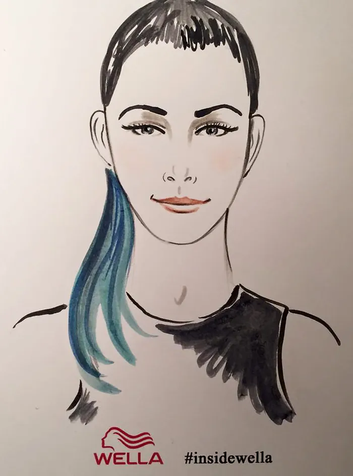 Illustration of woman with short black hair and blue ponytail