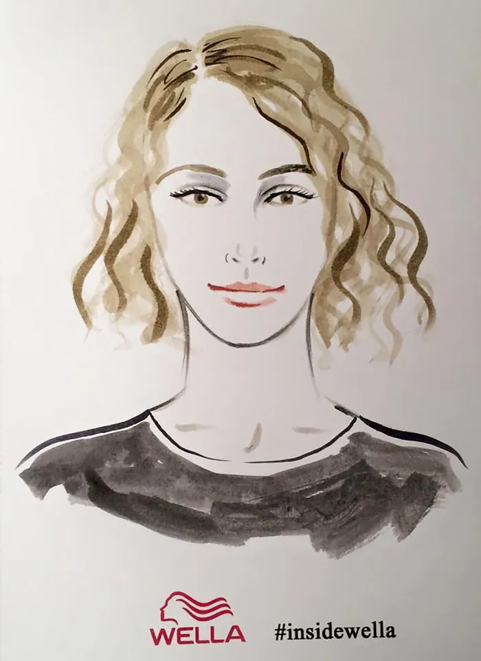 Watercolor portrait of woman with wavy hair at Wella event