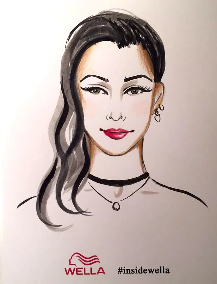 Illustration of woman with dark hair and jewelry at Wella event