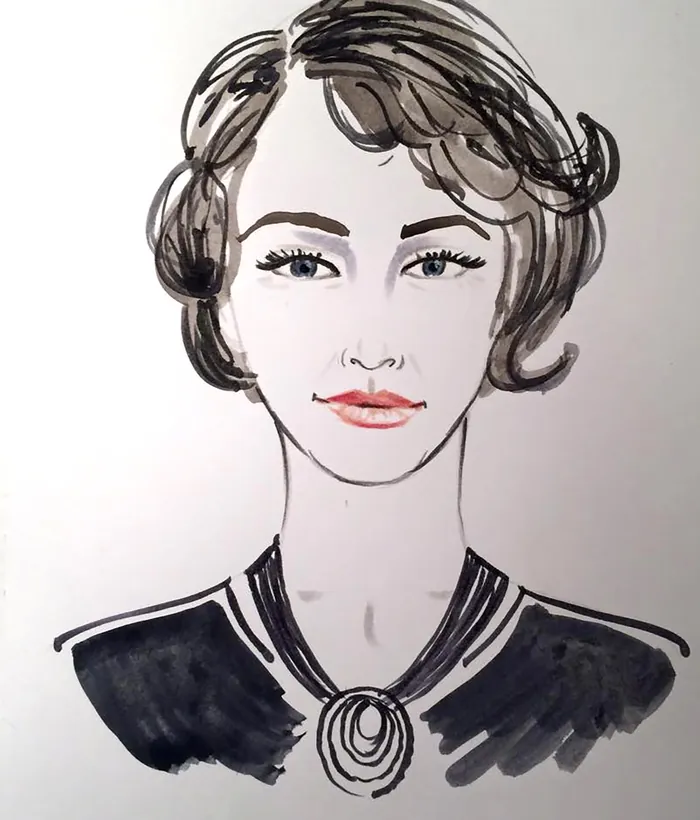Black and white portrait sketch of woman with short hair and necklace