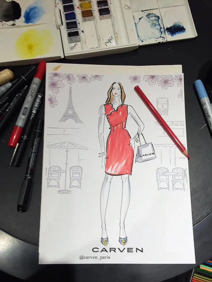 Live fashion sketching at CARVEN event