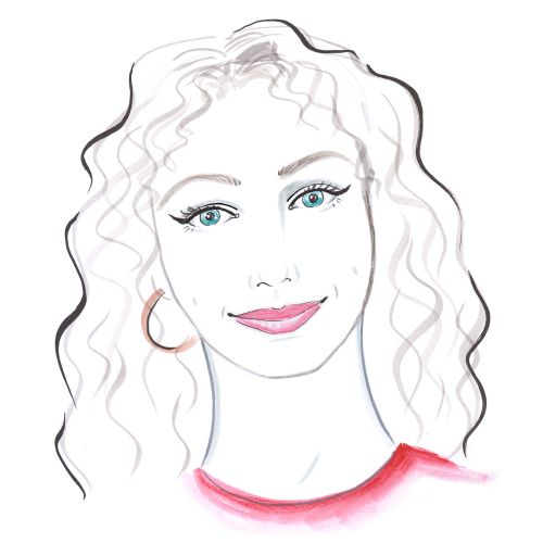 Sketch of a woman with curly hair and blue eyes smiling