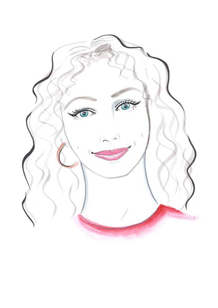 Sketch of a woman with curly hair and blue eyes smiling