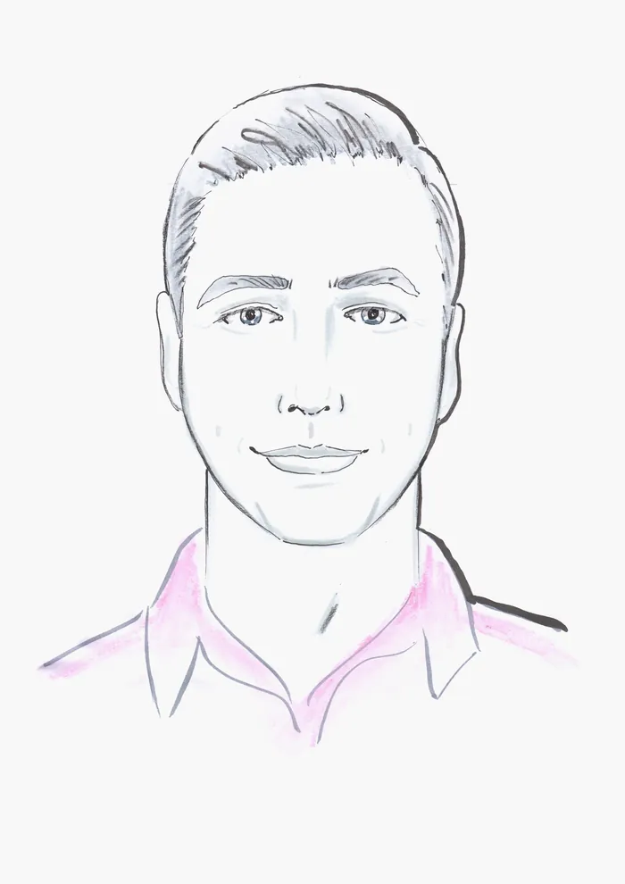Black and white sketch of a man with short hair and a collared shirt