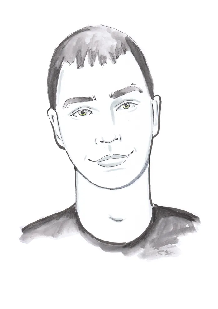 Black and white sketch of a young man with short hair