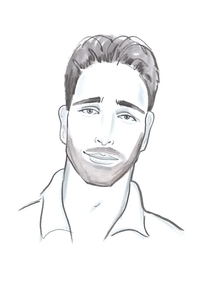 Black and white sketch portrait of a man with short hair and beard
