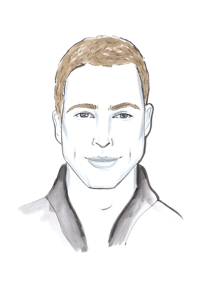 Hand-drawn portrait of a man with short light brown hair smiling