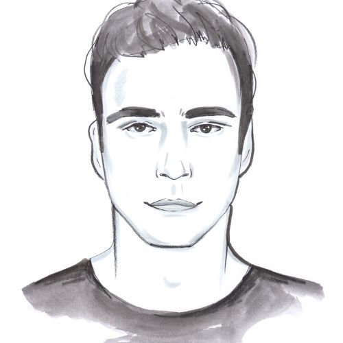 Black and white sketch portrait of a young man with short hair