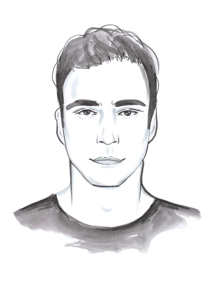 Black and white sketch portrait of a young man with short hair