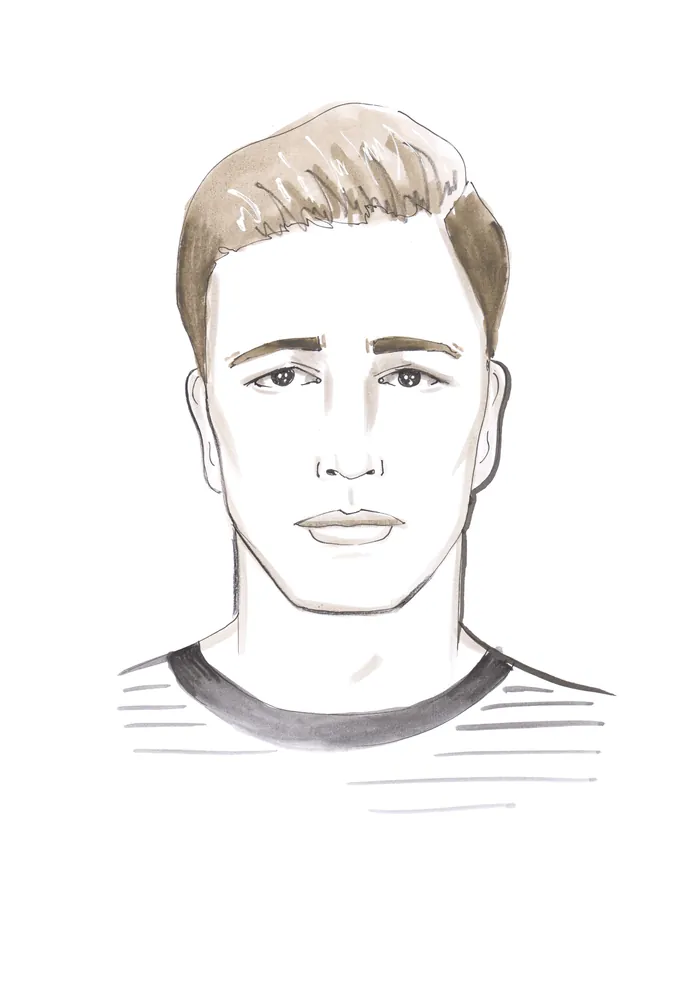 Sketch of a young man with short hair wearing a striped shirt