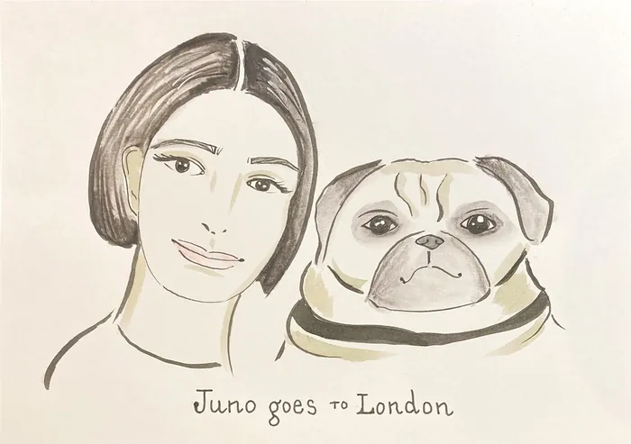 Illustration of woman and pug dog with text 'Juno goes to London'