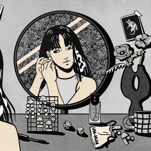 Woman with long hair sitting at a vanity mirror putting on earrings by Alison Kerry