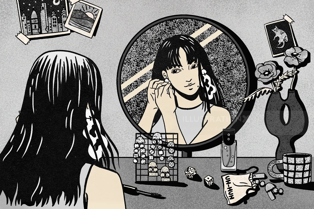 Woman with long hair sitting at a vanity mirror putting on earrings by Alison Kerry