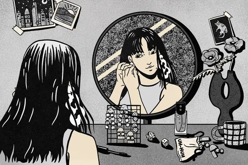 Woman with long hair sitting at a vanity mirror putting on earrings by Alison Kerry