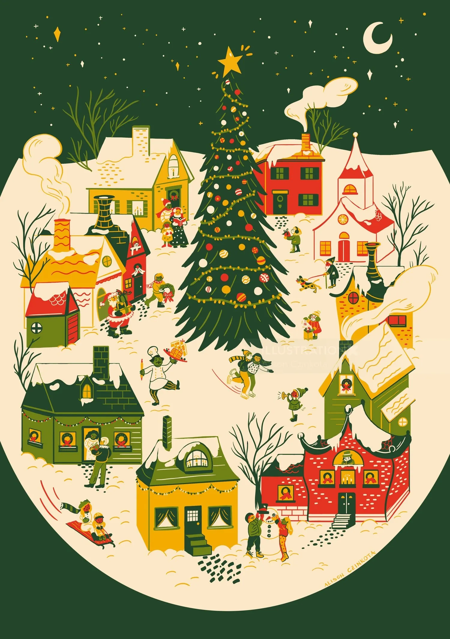 Holiday village with decorated Christmas tree under moon, by Alison Kerry