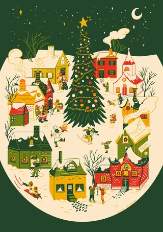 Holiday village with decorated Christmas tree under moon, by Alison Kerry