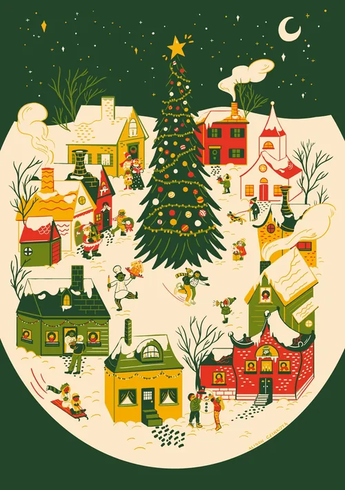 Holiday village with decorated Christmas tree under moon, by Alison Kerry
