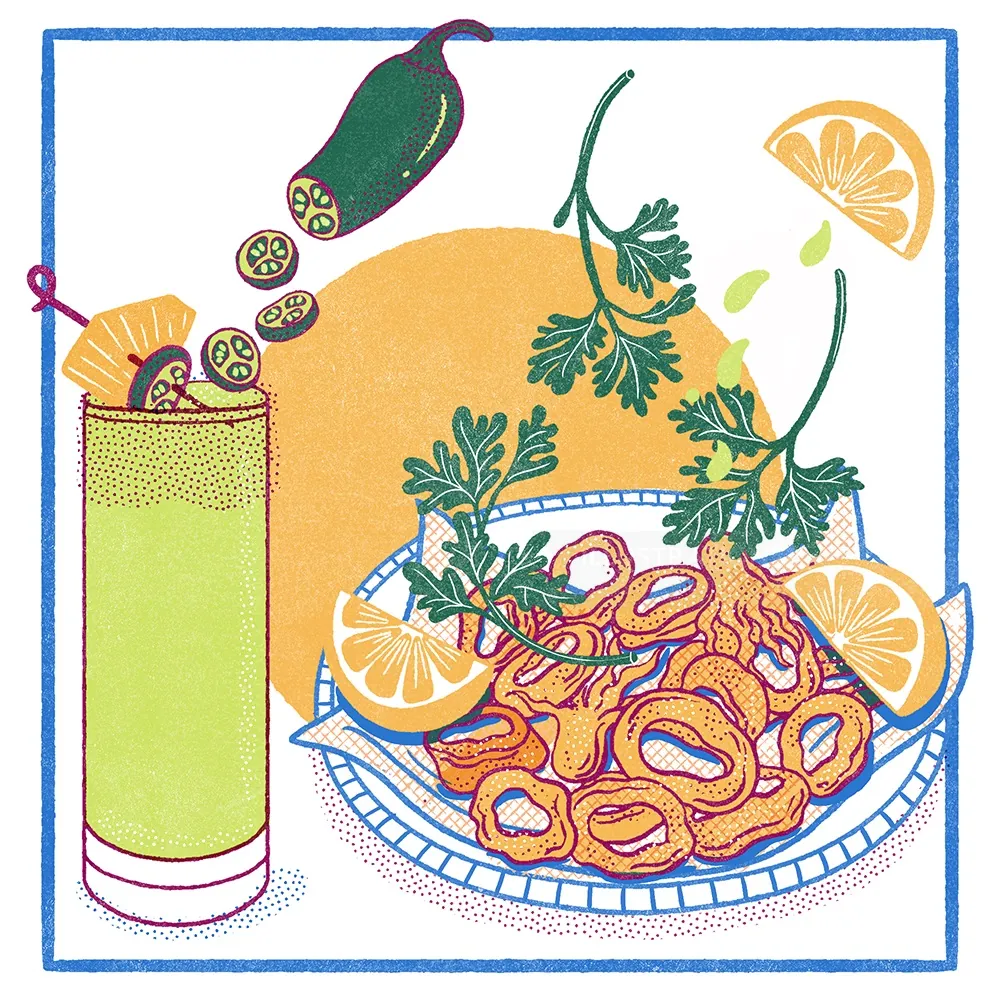 Illustration of fried calamari with lemon and a jalapeño cocktail by Alison Kerry