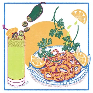Illustration of fried calamari with lemon and a jalapeño cocktail by Alison Kerry