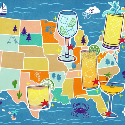Illustrated US map with various colorful cocktail drinks by Alison Kerry