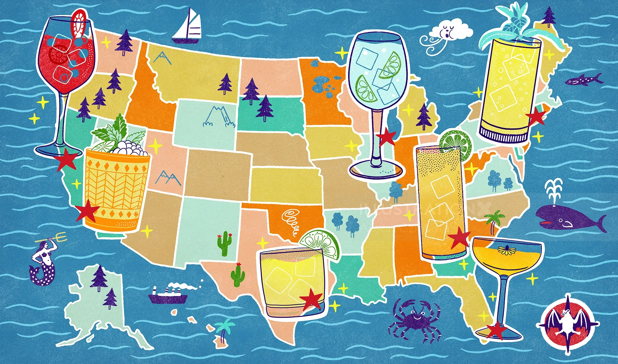 Illustrated US map with various colorful cocktail drinks by Alison Kerry
