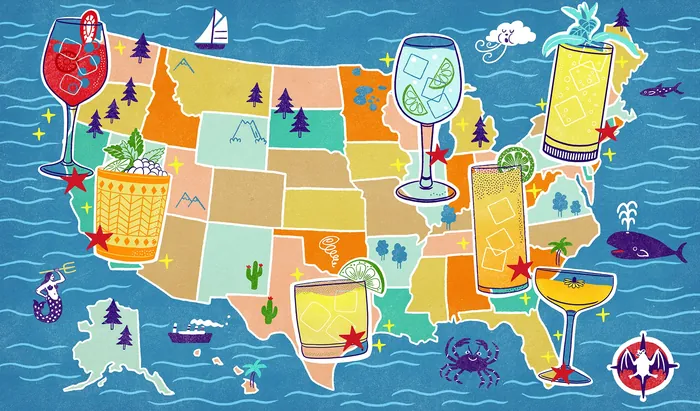 Illustrated US map with various colorful cocktail drinks by Alison Kerry