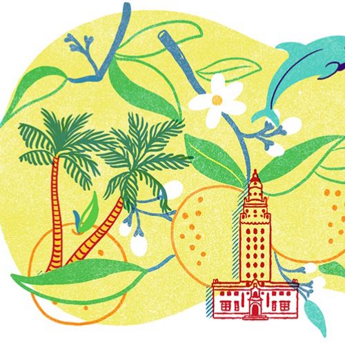 Tropical Miami scene with palm trees and cocktails by Alison Kerry
