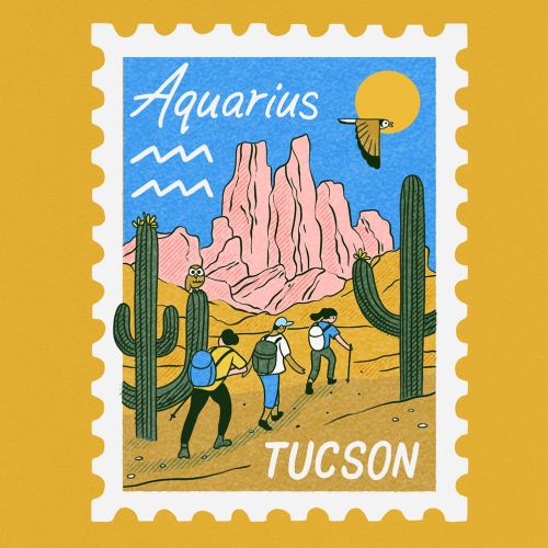 Desert scene with hikers and cacti under Aquarius sign by Alison Kerry