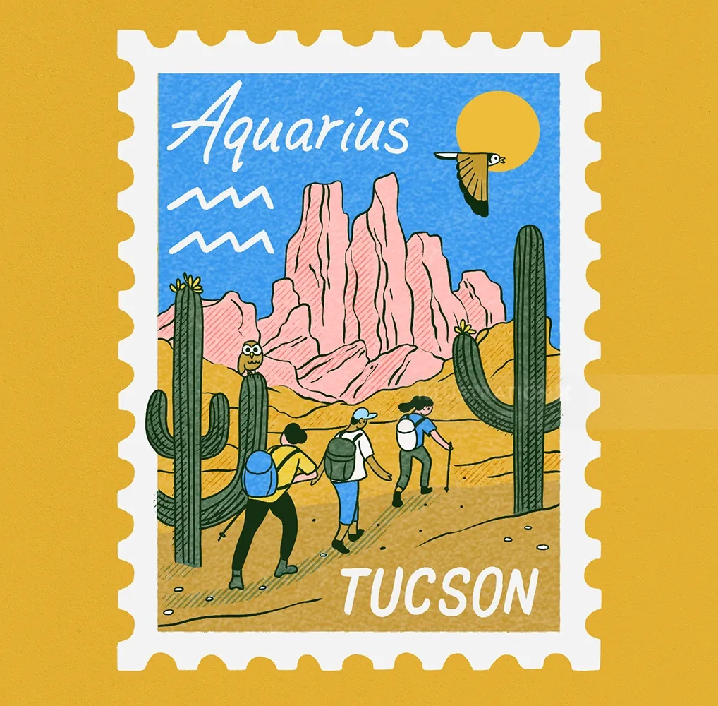 Desert scene with hikers and cacti under Aquarius sign by Alison Kerry