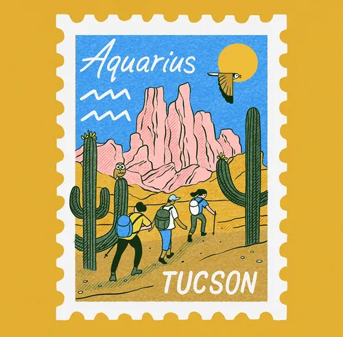 Desert scene with hikers and cacti under Aquarius sign by Alison Kerry