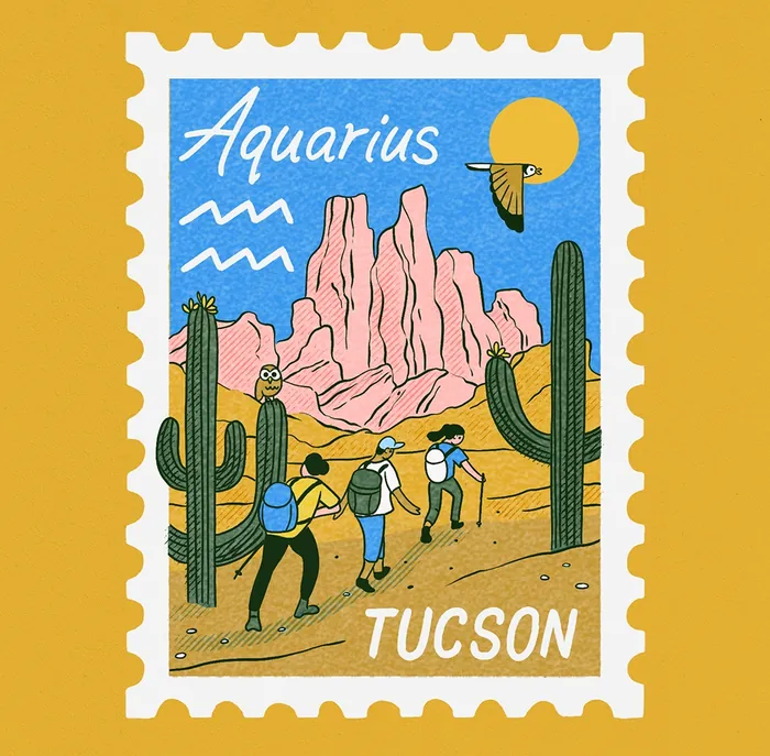 Desert scene with hikers and cacti under Aquarius sign by Alison Kerry