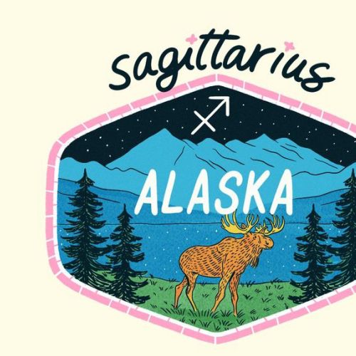 Sagittarius zodiac sign with Alaska landscape and moose illustration, by Alison Kerry