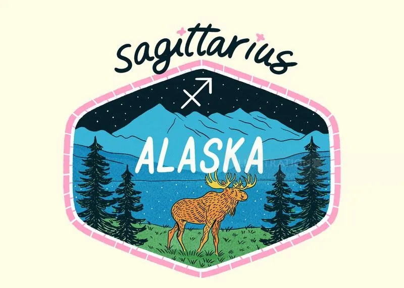 Sagittarius zodiac sign with Alaska landscape and moose illustration, by Alison Kerry