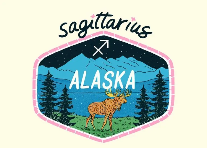 Sagittarius zodiac sign with Alaska landscape and moose illustration, by Alison Kerry