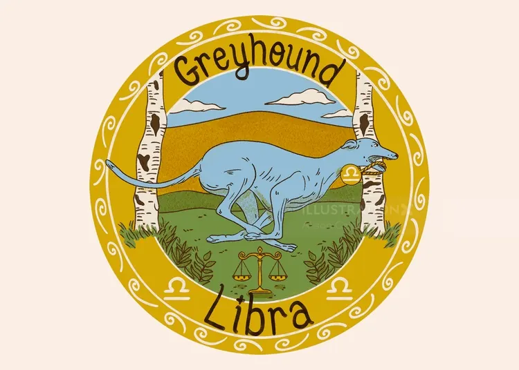 Greyhound dog running between birch trees with Libra symbol, by Alison Kerry