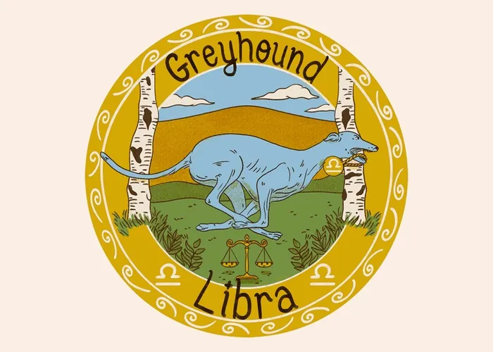 Greyhound dog running between birch trees with Libra symbol, by Alison Kerry