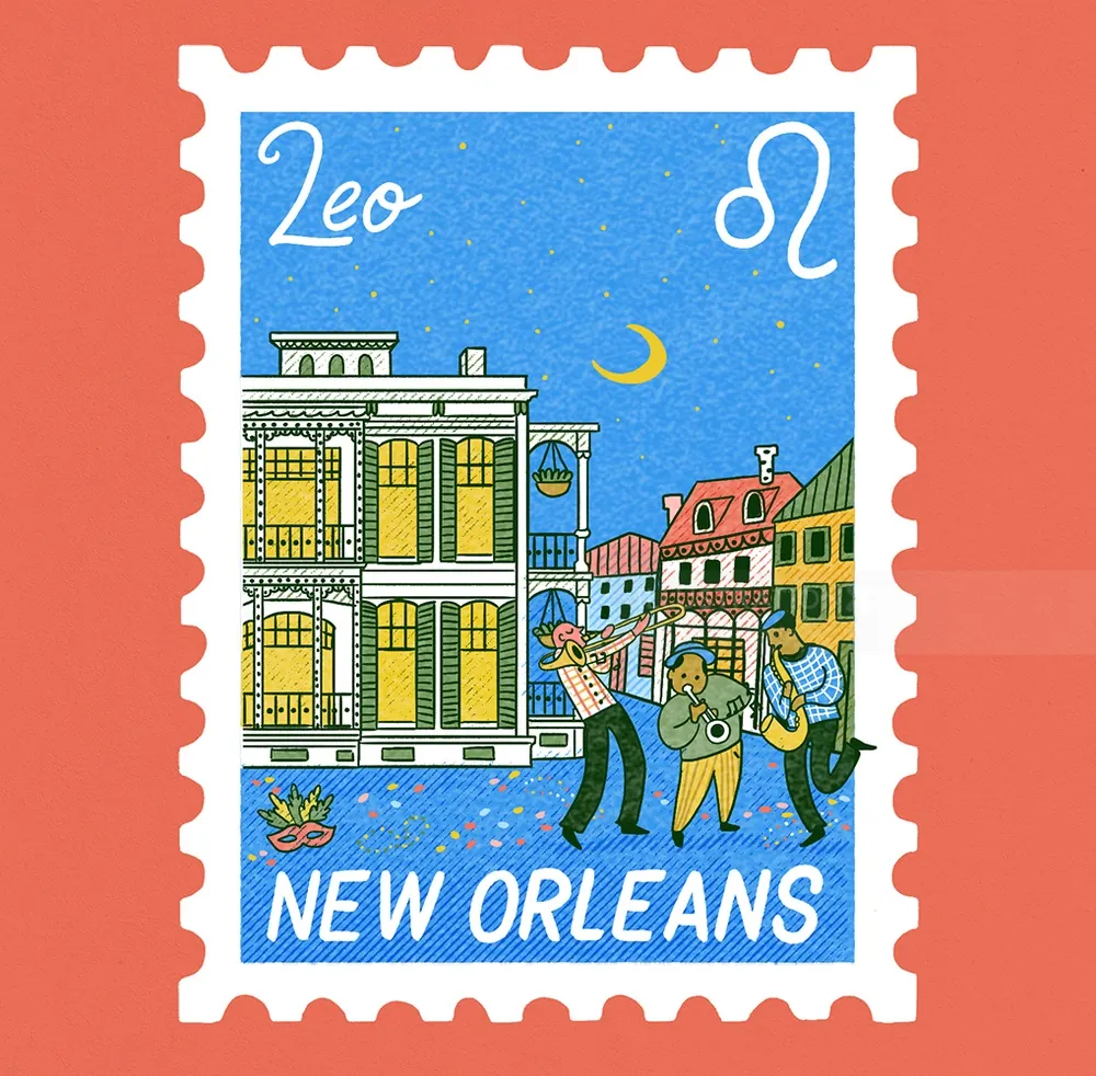 New Orleans Leo zodiac stamp by Alison Kerry