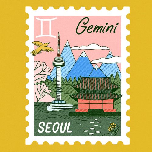 Illustration of Gemini zodiac stamp with Seoul landmark by Alison Kerry