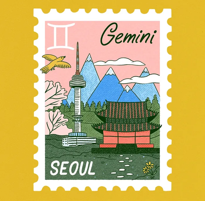Illustration of Gemini zodiac stamp with Seoul landmark by Alison Kerry