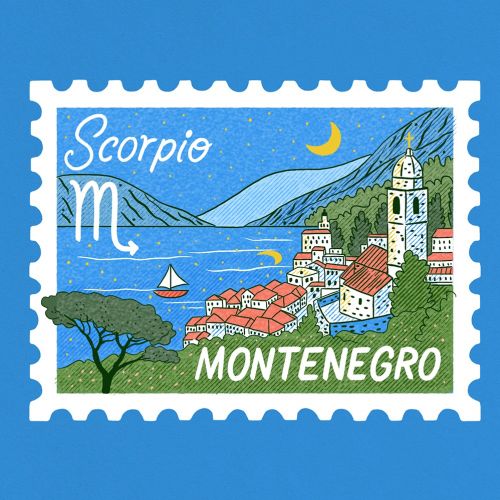 Montenegro stamp illustration with Scorpio zodiac and coastal village by Alison Kerry
