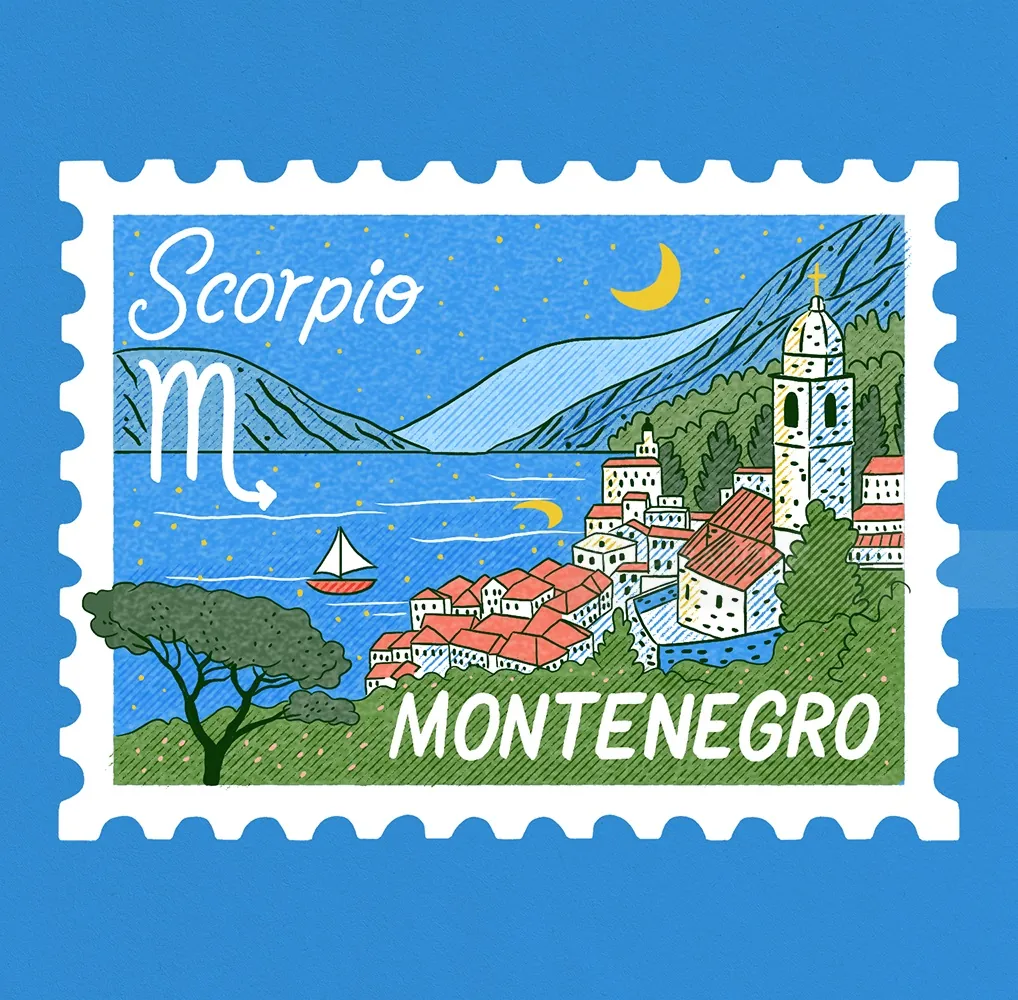 Montenegro stamp illustration with Scorpio zodiac and coastal village by Alison Kerry