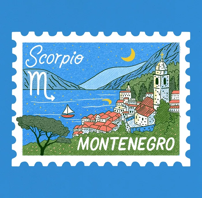 Montenegro stamp illustration with Scorpio zodiac and coastal village by Alison Kerry