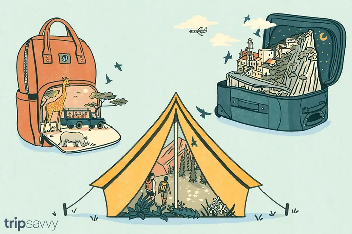 Travel-themed illustration showing suitcase, backpack, tent by Alison Kerry