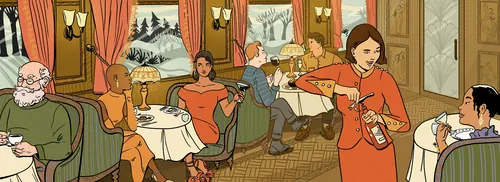 Passengers dining in elegant train car with snowy landscape outside by Alison Kerry