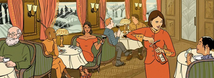 Passengers dining in elegant train car with snowy landscape outside by Alison Kerry