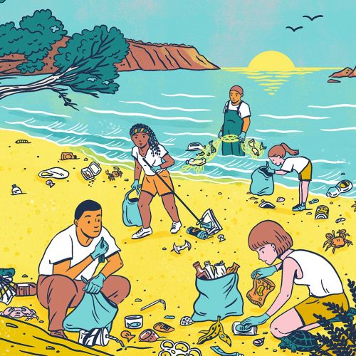 Volunteers picking up trash on a sunny Spanish island beach by Alison Kerry