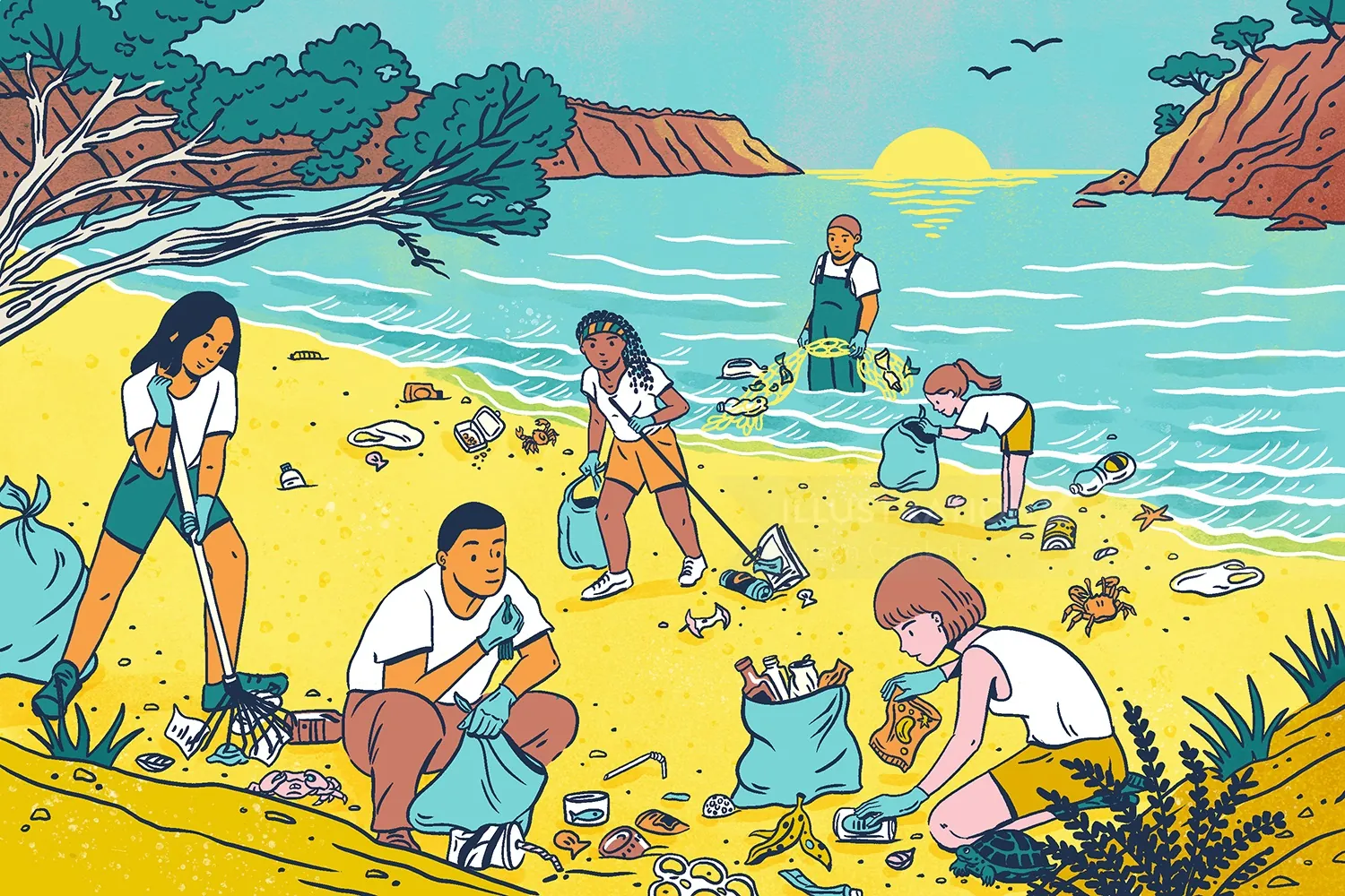 Volunteers picking up trash on a sunny Spanish island beach by Alison Kerry