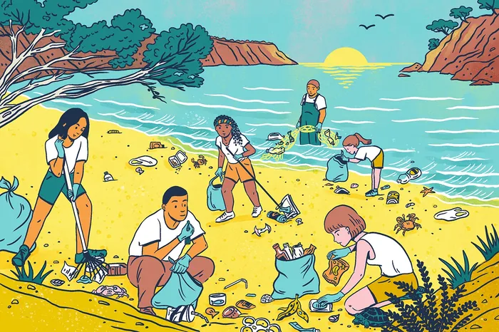 Volunteers picking up trash on a sunny Spanish island beach by Alison Kerry