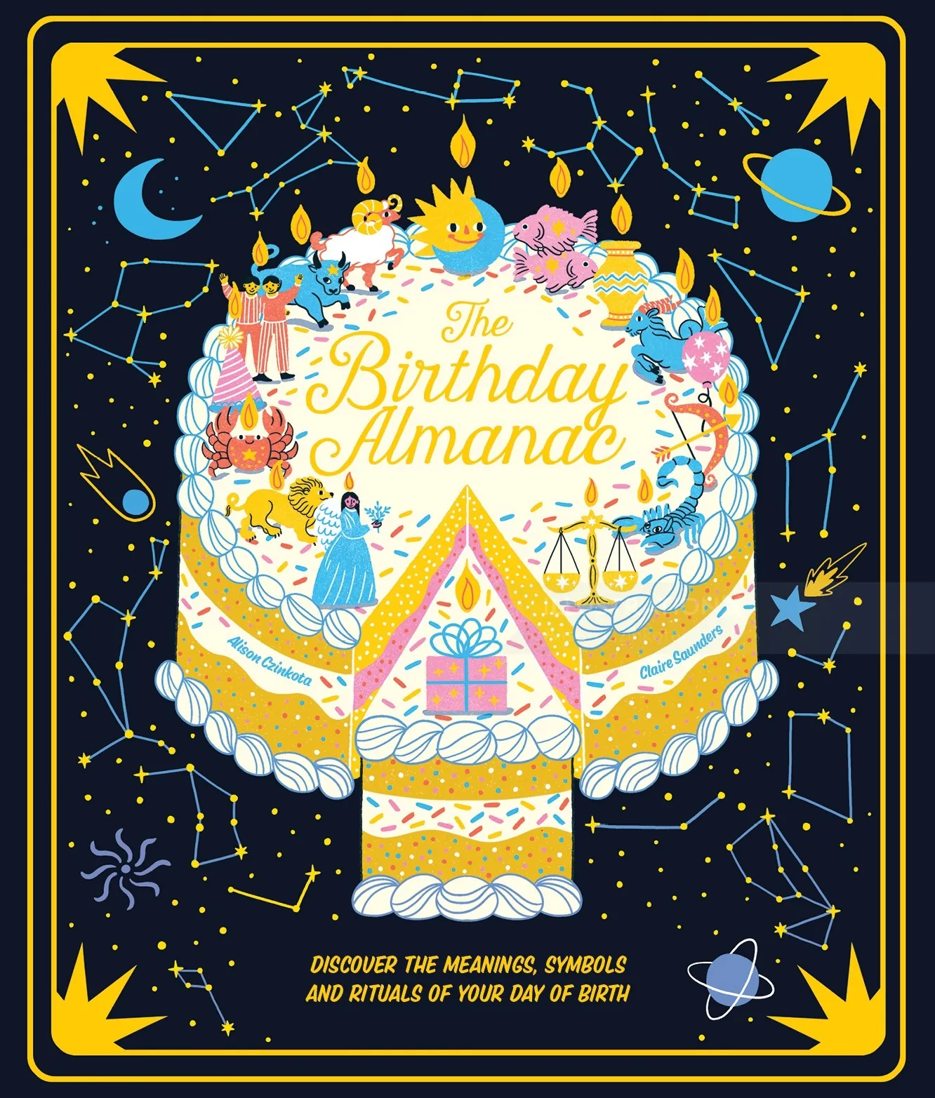 Illustrated birthday cake with zodiac symbols and celestial background by Alison Kerry