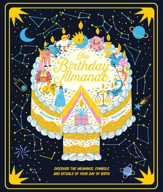 Illustrated birthday cake with zodiac symbols and celestial background by Alison Kerry